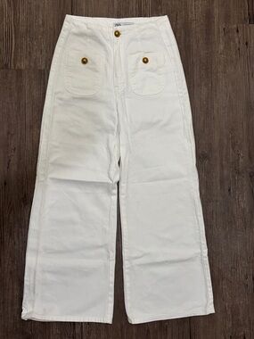 Zara Cream Wide-Leg High-Rise Pants with Front Patch Pockets